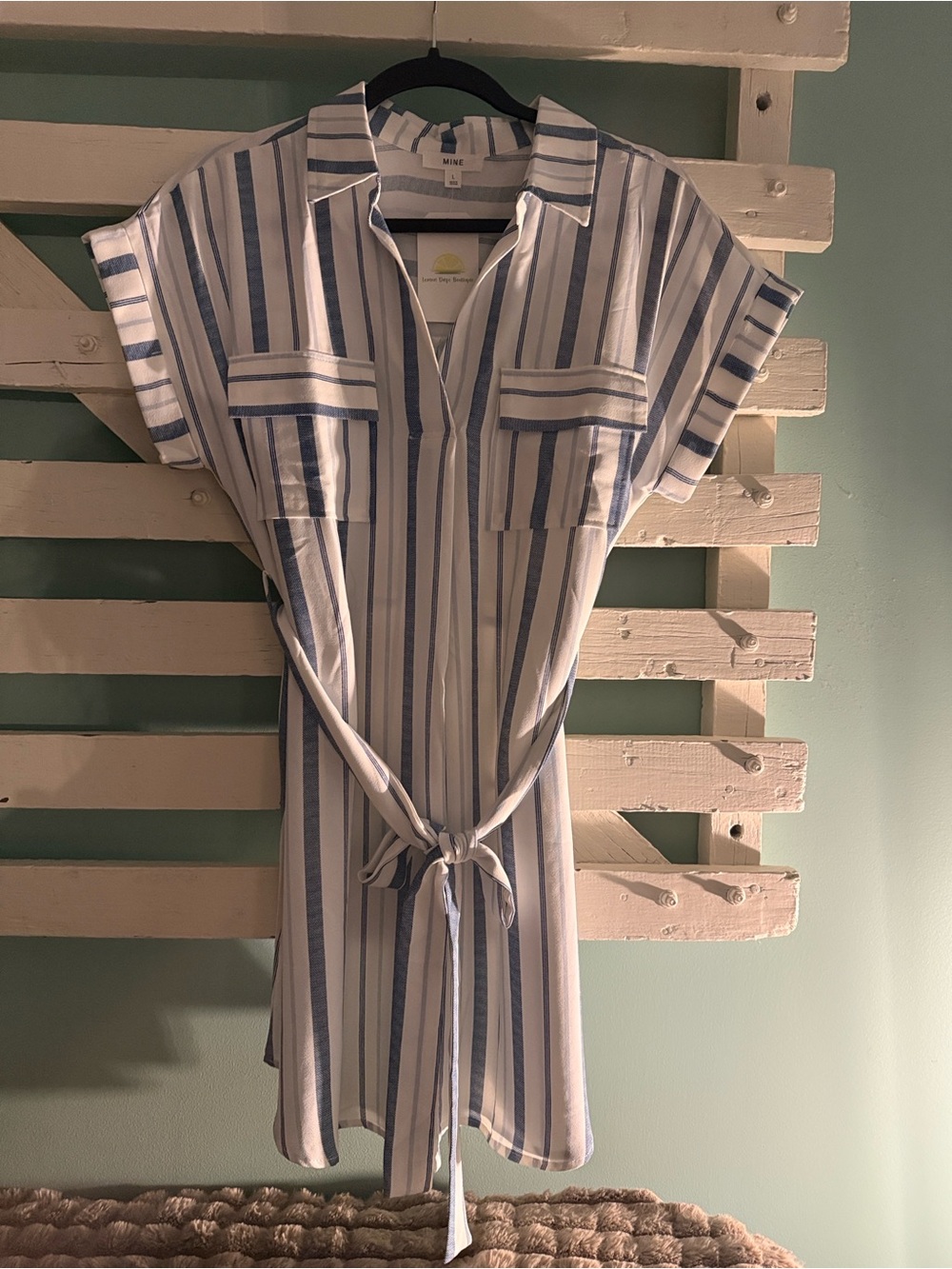 mine Blue & White Striped Mini Shirt Dress with Tie Waist